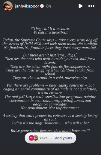 Janhvi, Varun Oppose Supreme Court Stray Dog Relocation Verdict Janhvi Kapoor Instagram Story