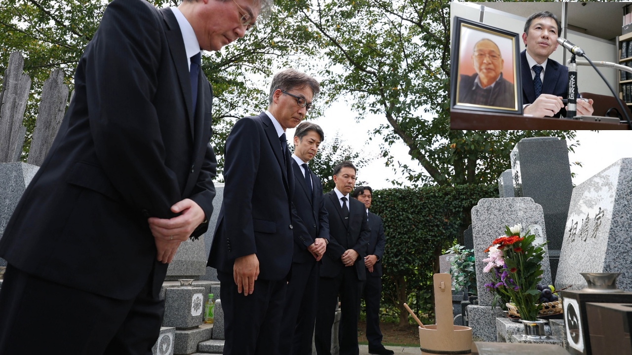 Japanese police apologize at the grave of an unfairly accused businessman.