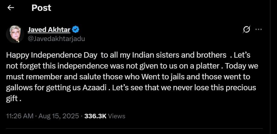 Javed Akhtar's message on X (formerly Twitter)