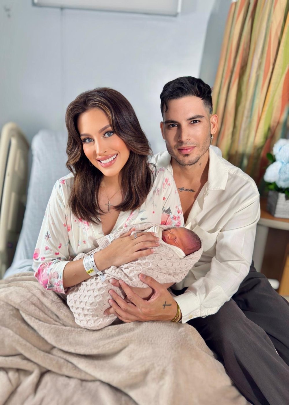 Jennifer Colón, Miss Universe Puerto Rico 2024, with her partner Jonah López and her newborn baby