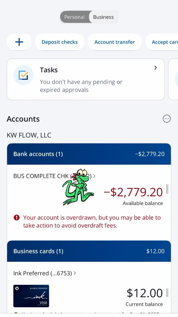 Screenshot of Kelley Wolf's overdrawn bank account showing a negative balance.