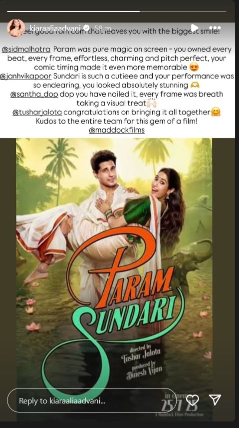 Kiara Advani Calls Sidharth Malhotra's Param Sundari Performance 'Real Magic' Kiara Advani's Instagram story screenshot showing her praise for 'Param Sundari' and Sidharth Malhotra.