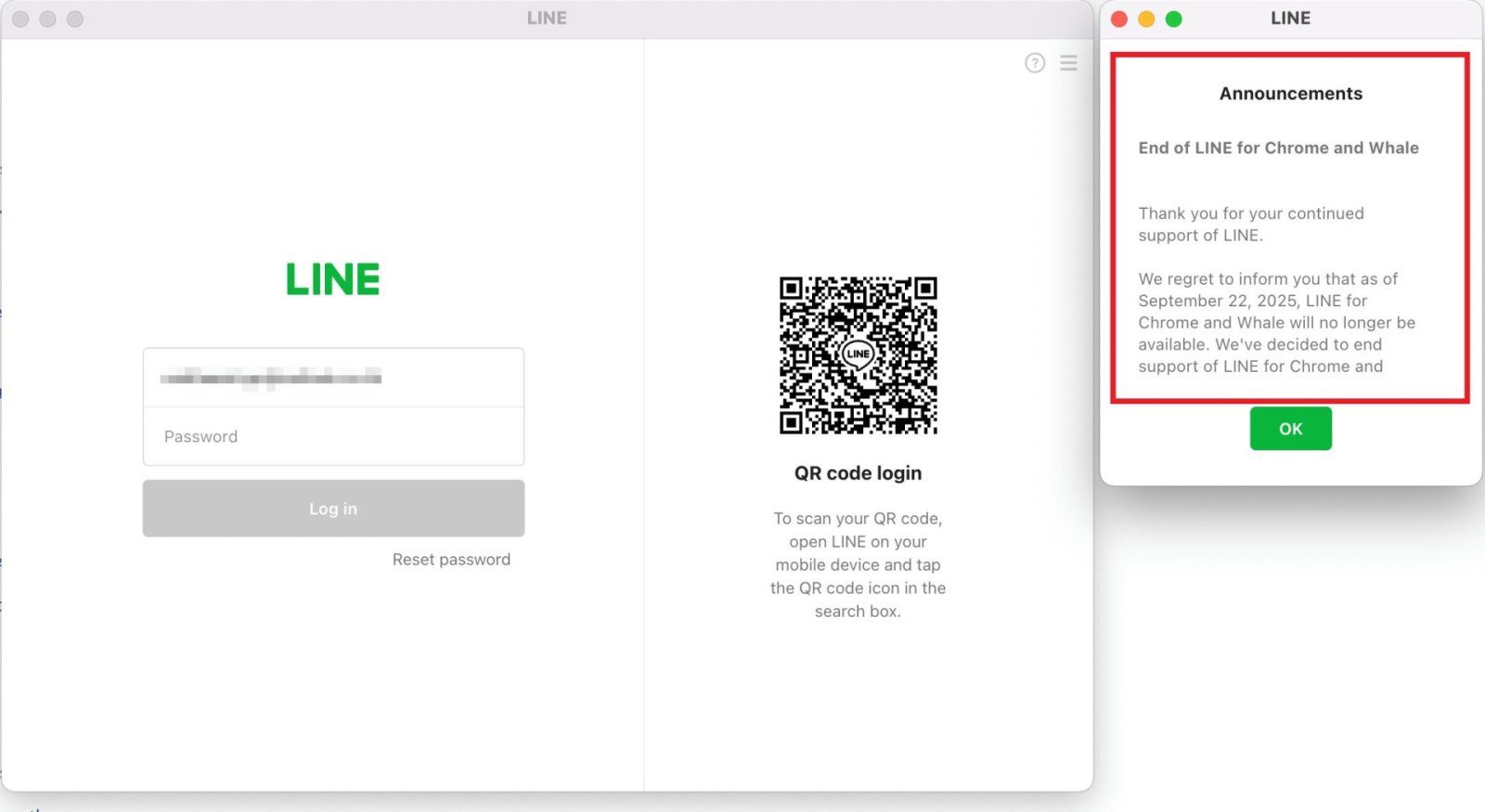 LINE Chrome Extension displaying a notification about service termination.