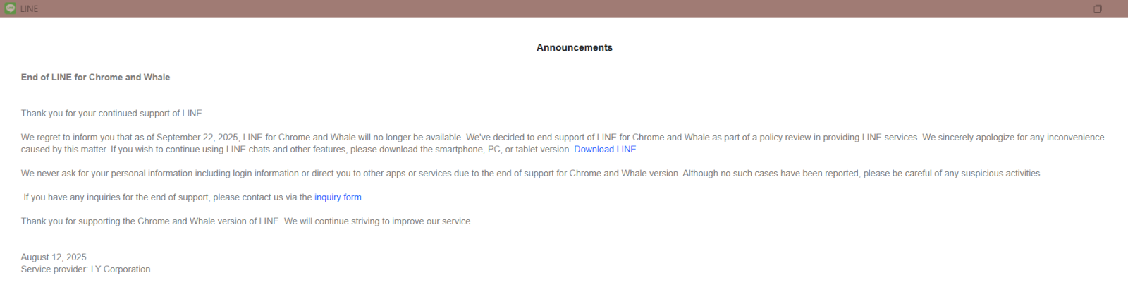 Official announcement from LINE stating the end of support for its Chrome and Whale browser extensions.