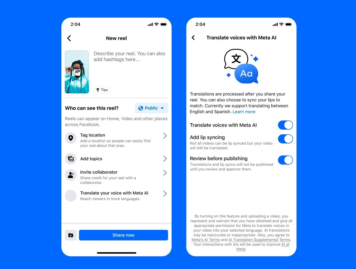 Screenshot of Meta Reels creation options showing the 'Translate voices with Meta AI' menu item