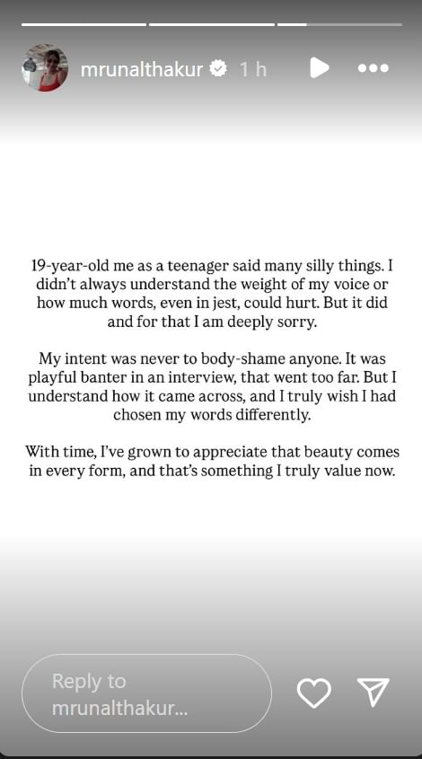 Mrunal Thakur Apologizes for 'Manly Muscles' Comments on Bipasha Basu Mrunal Thakur's apology post on Instagram