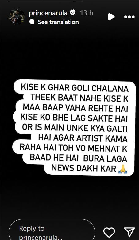 Prince Narula's Instagram post supporting Elvish Yadav