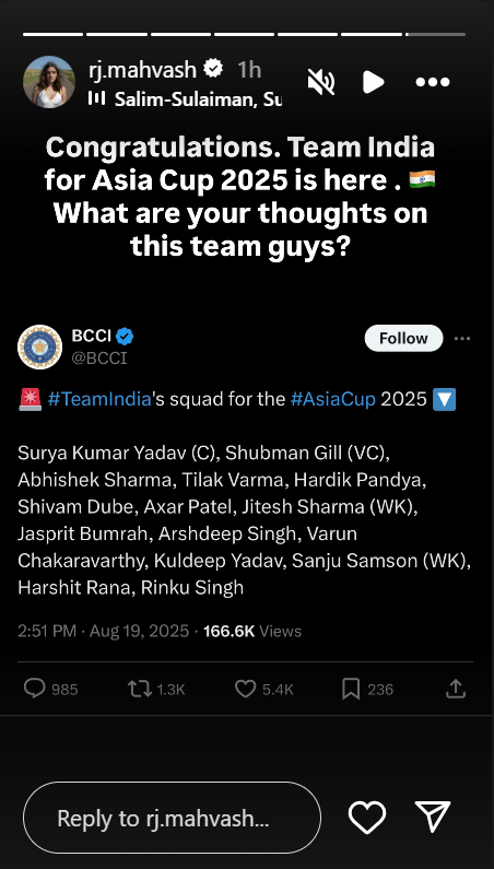 RJ Mahvash's Instagram story showing the Indian team selection for Asia Cup
