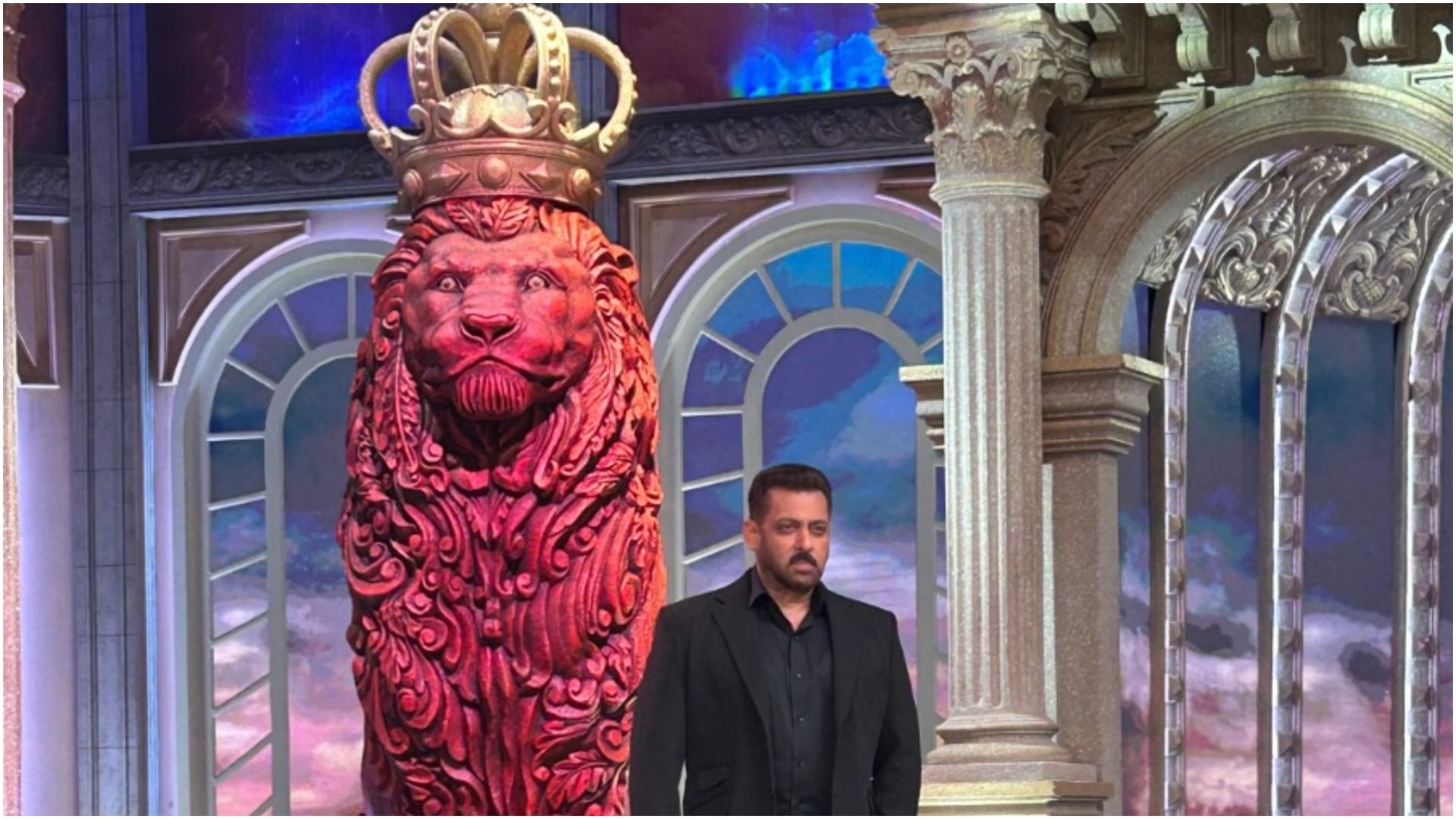 Salman Khan's Viral Bigg Boss 19 Set Photos; Political Theme Premieres August 24. Salman Khan on the Bigg Boss 19 set, hosting in a black suit with a large crowned lion backdrop.
