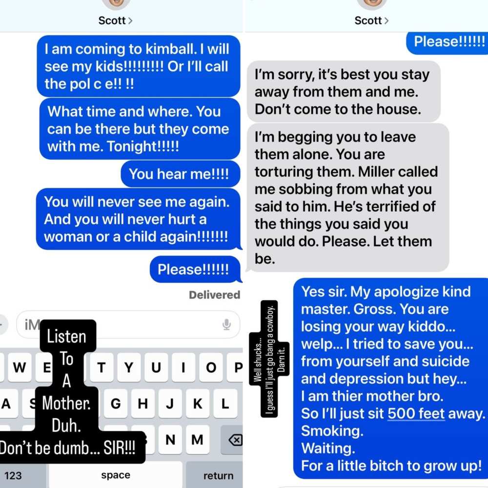 Scott Wolf Divorce: Kelley Wolf Posts Texts, Son "Terrified" Claim Screenshot of text messages posted by Kelley Wolf, Scott Wolf's estranged wife, where Scott claims their son is 'terrified'.