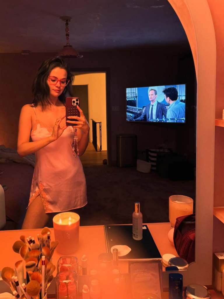 Selena Gomez's Pink Silk Selfies & Benny Blanco Wedding Confirmed Selena Gomez selfie in nightgown