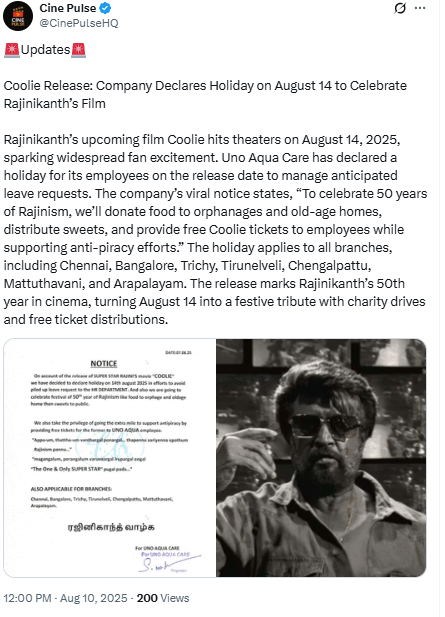 Singapore India Companies Declare Holiday Free Tickets for Rajinikanths Coolie