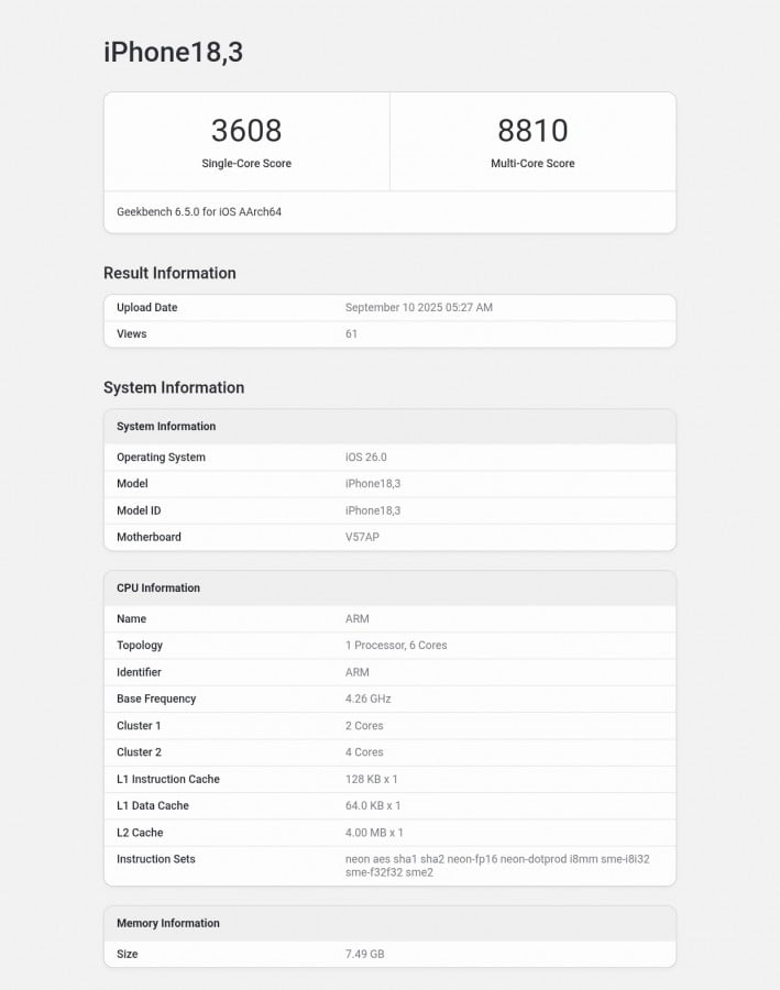 iPhone 17 (model 18,3) Geekbench test results