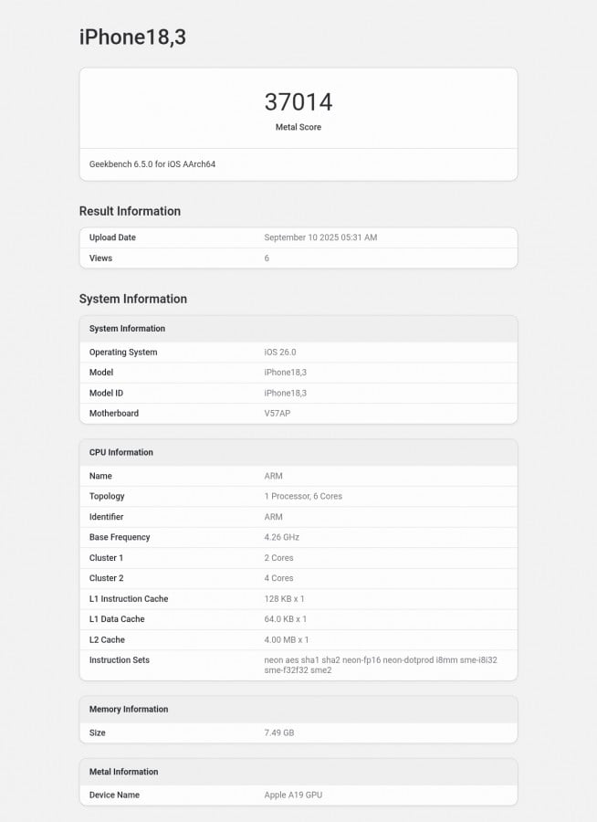 iPhone 17 (model 18,3) Geekbench CPU scores