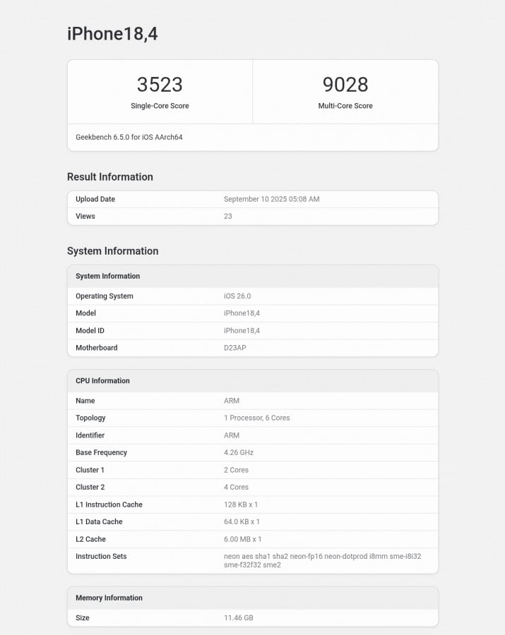 iPhone Air (model 18,4) Geekbench test results