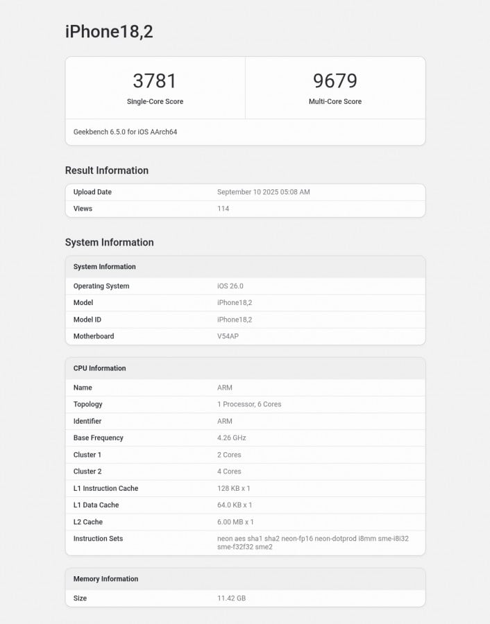 iPhone 17 Pro Max (model 18,2) Geekbench test results