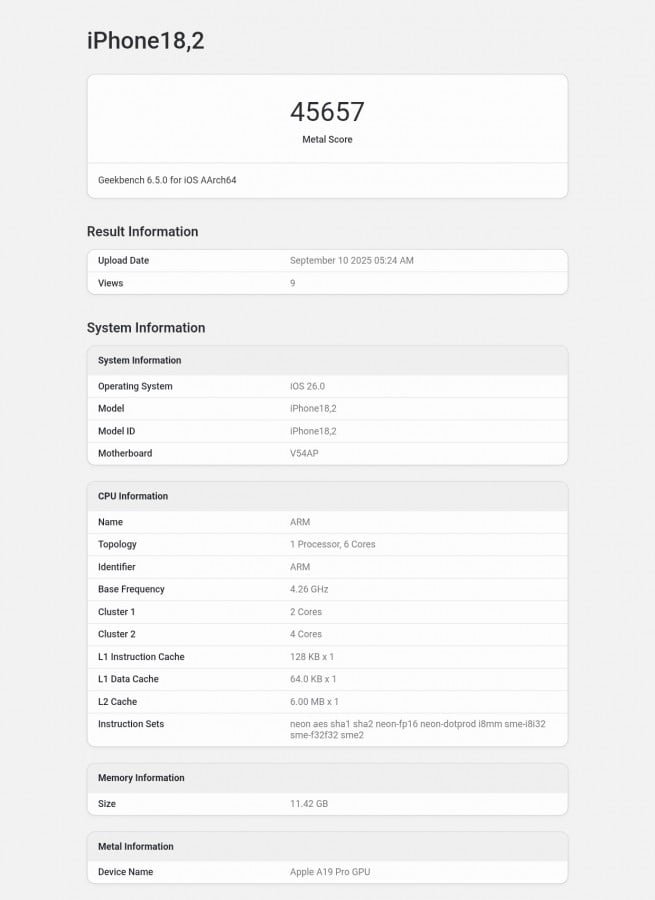 iPhone 17 Pro Max (model 18,2) Geekbench CPU scores