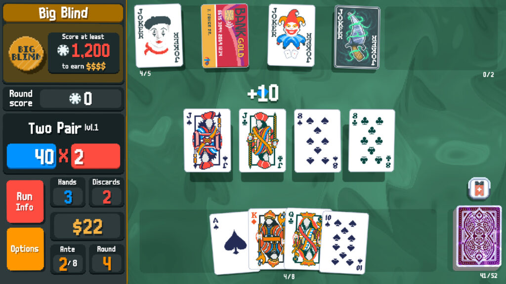 Another in-game screenshot of Balatro, featuring unique card designs and strategic options.