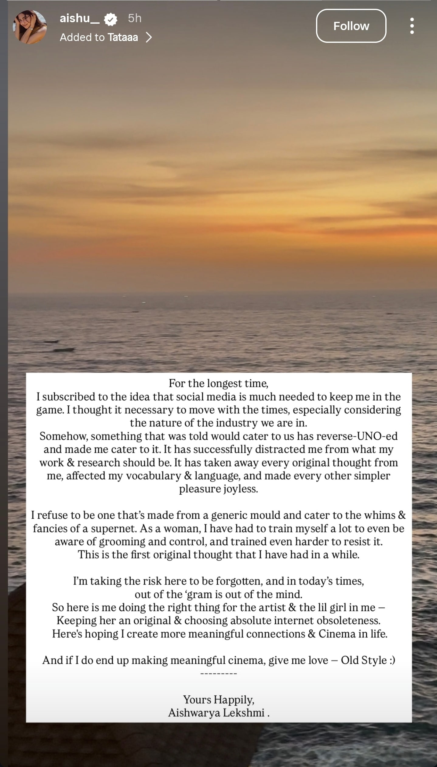 Aishwarya Lekshmi Quits Social Media: Actress Prioritizes Film Career Aishwarya Lekshmi's note about quitting social media