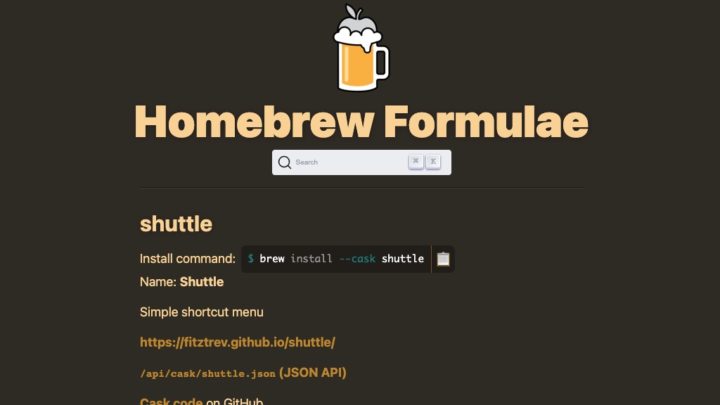 Homebrew Formulae website showing software packages