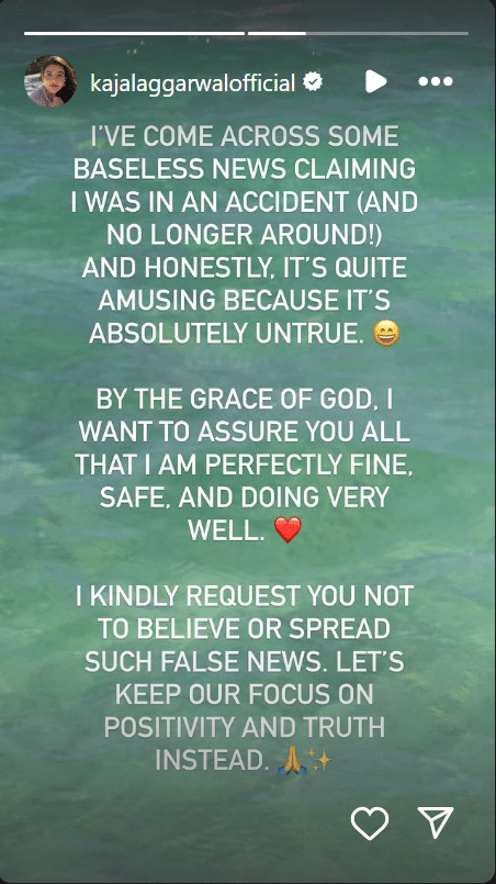 Kajal Aggarwal Dismisses Death Rumors Confirms She Is Safe And