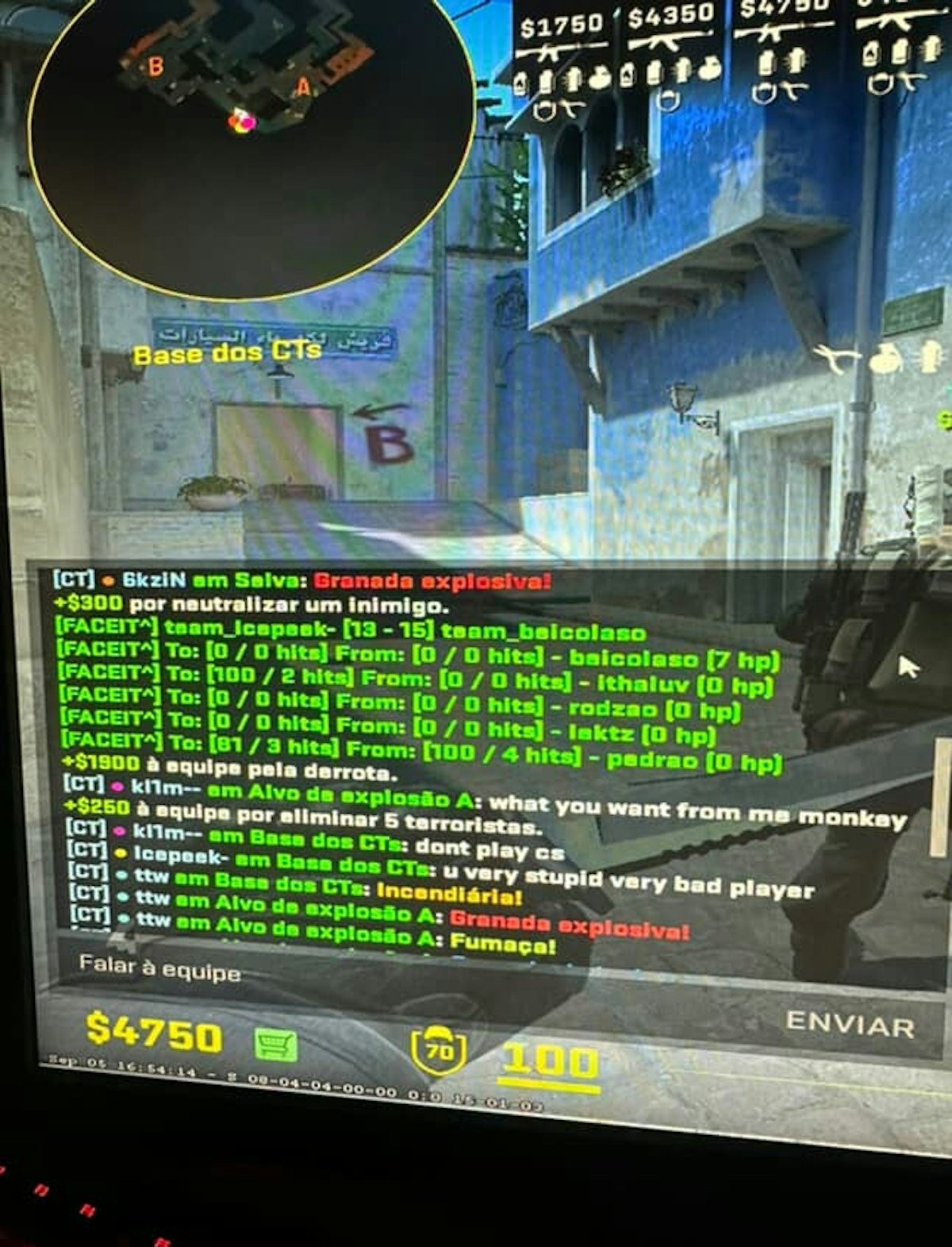 Screenshot of in-game chat showing kl1m's comment, 'What do you want from me monkey?'