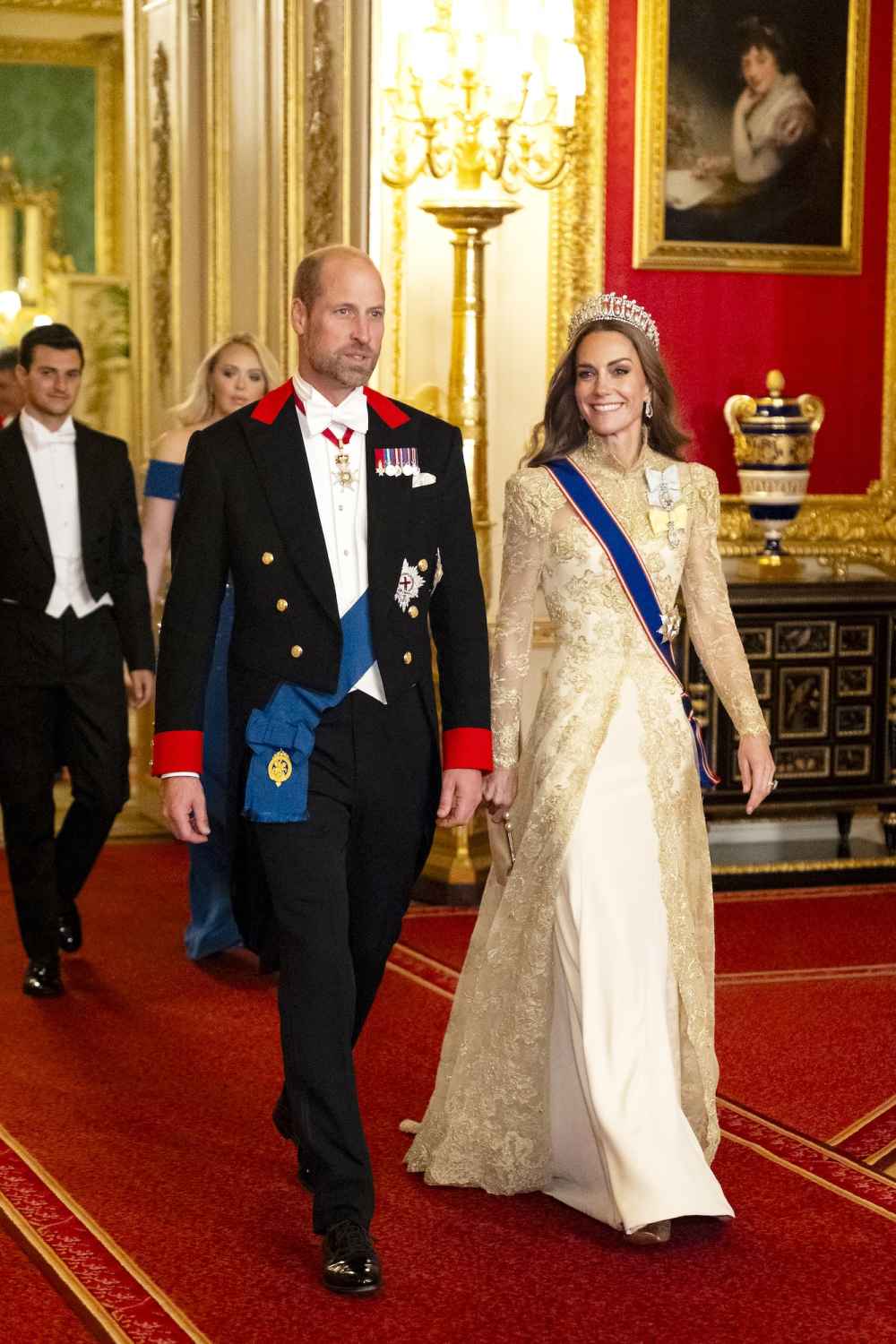 Melania Trump Royal Banquet Dress Color Debate - Pink or Purple Belt Princess Kate Middleton Reigns Supreme in Most Regal Look Yet With Gold Gown and Show Stopping Tiara