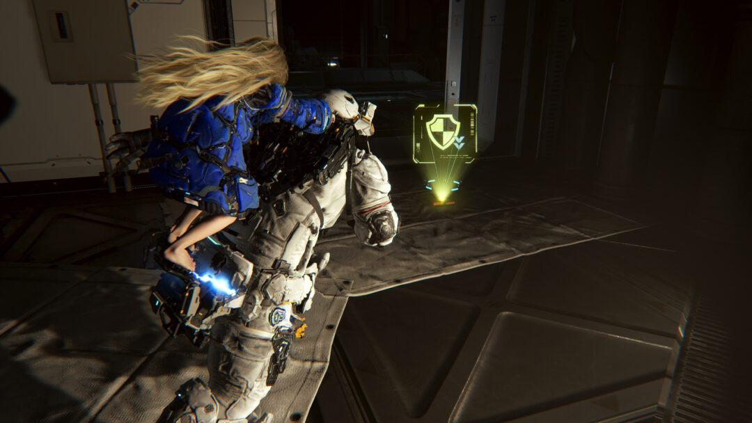 A character from the game Pragmata, possibly Diana, in a futuristic setting.