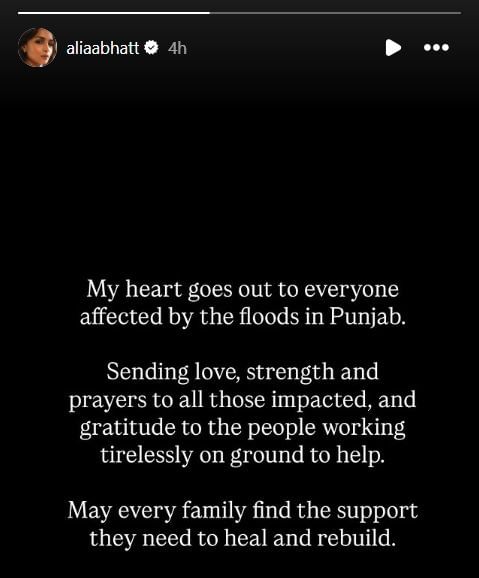 Alia Bhatt's Instagram story showing her message of support for Punjab flood victims