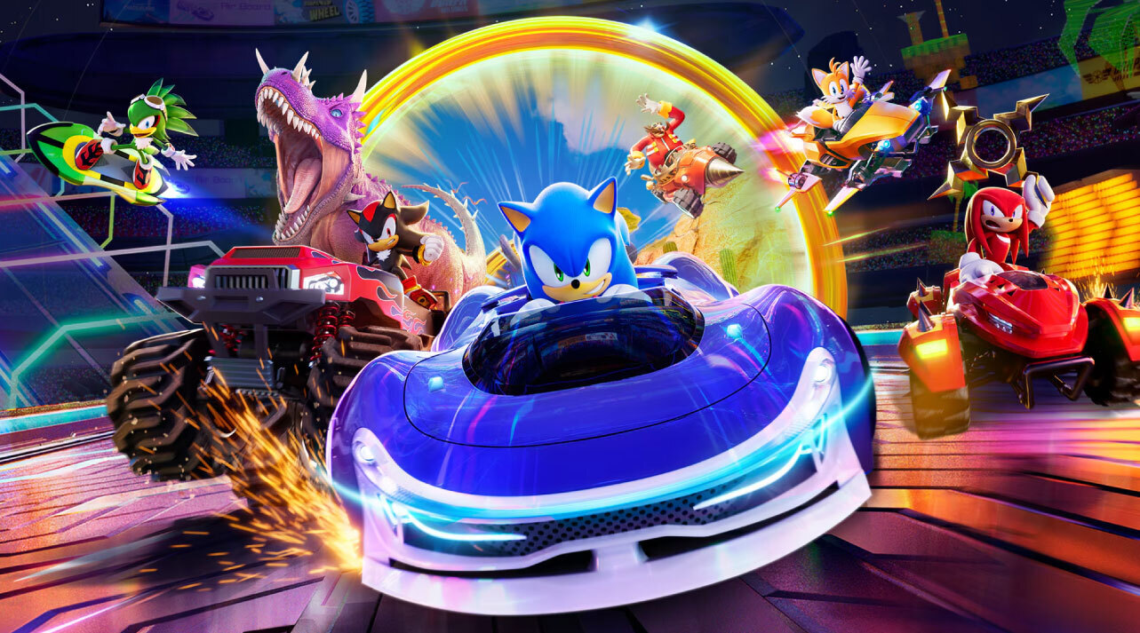 Sonic the Hedgehog speeding on a race track with other characters