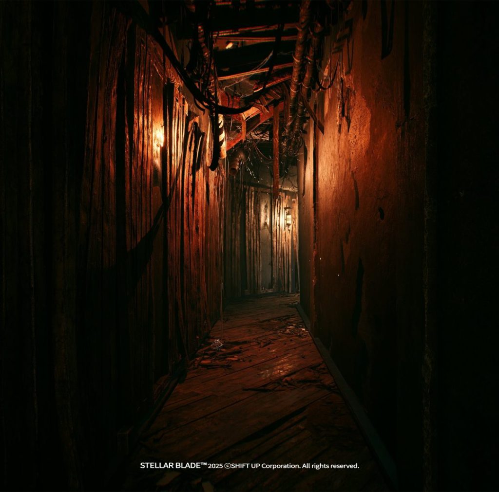 Stellar Blade Teases New DLC, Potential Resident Evil Crossover at Tokyo Game Show 2025 A dark, narrow pathway with mysterious lighting, teasing new Stellar Blade content.