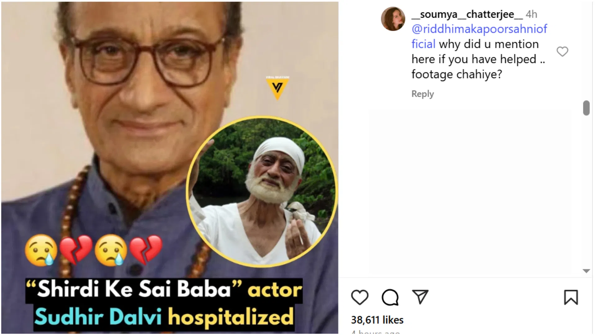 Ranbir's Sister Riddhima Aids Veteran 'Sai Baba' Actor, Addresses Trolls 1761758934 627 Ranbirs Sister Riddhima Aids Veteran Sai Baba Actor Addresses Trolls