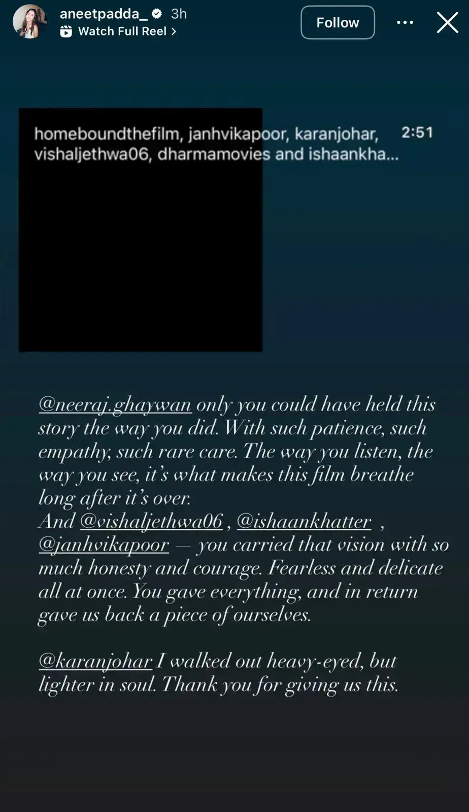 Aneet Padda, Saiyaara Fame, Praises 'Homebound' Film, Hails Ghaywan, Ishaan-Janhvi Performances Aneet Padda's Instagram story