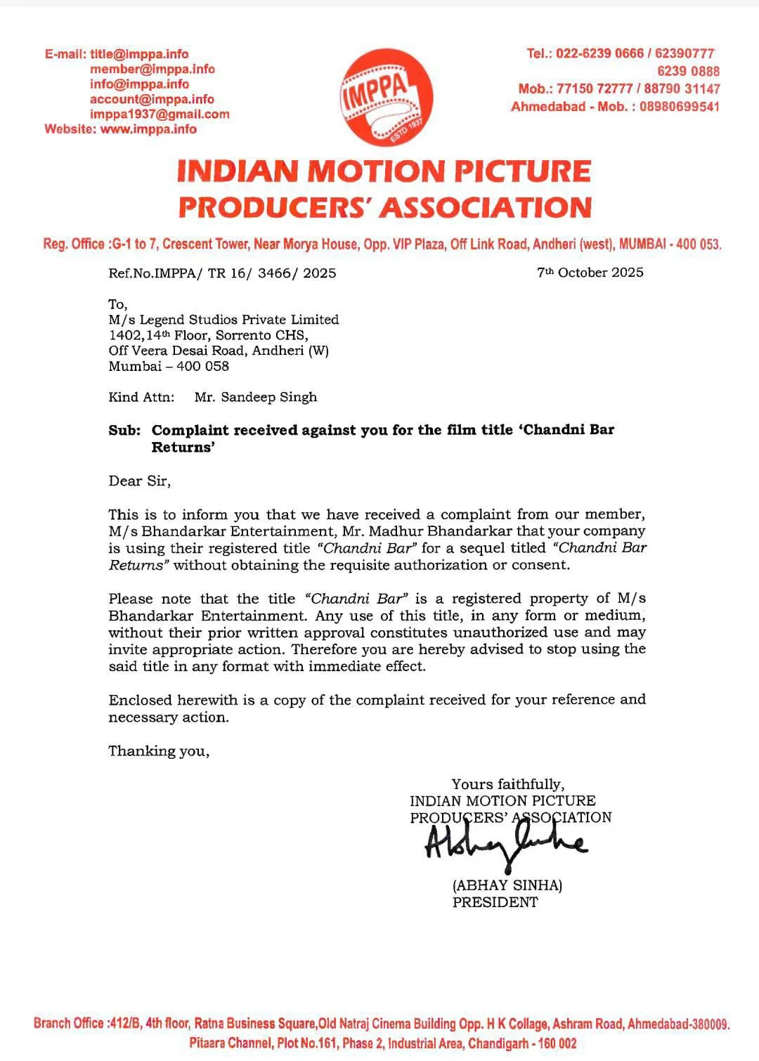 Chandni Bar Returns Title Row IMPPA Notifies Sandip Singh After