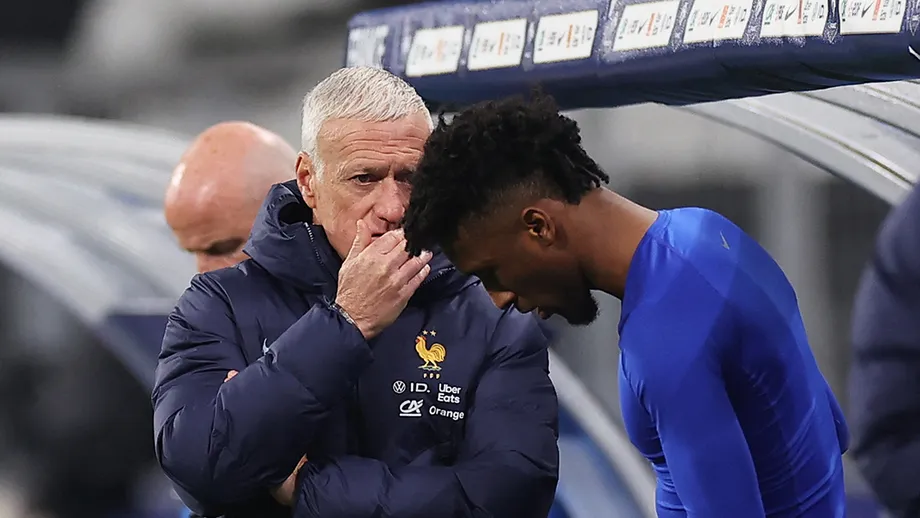 Deschamps jokes with Coman about playing in Saudi Arabia, and Coman responds about Baghdad