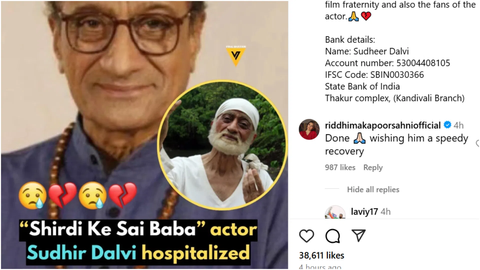 Ranbir's Sister Riddhima Aids Veteran 'Sai Baba' Actor, Addresses Trolls Ranbirs Sister Riddhima Aids Veteran Sai Baba Actor Addresses Trolls