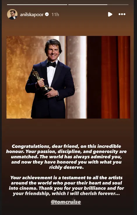 Anil Kapoor's Instagram story congratulating Tom Cruise for his honorary Oscar.