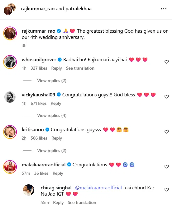 Bollywood Couple Rajkummar Rao Patralekha Welcome Baby Girl